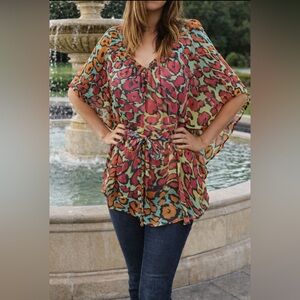 CACHÉ Sheer V-Neck Belted Short Kaftan Tunic Top size S